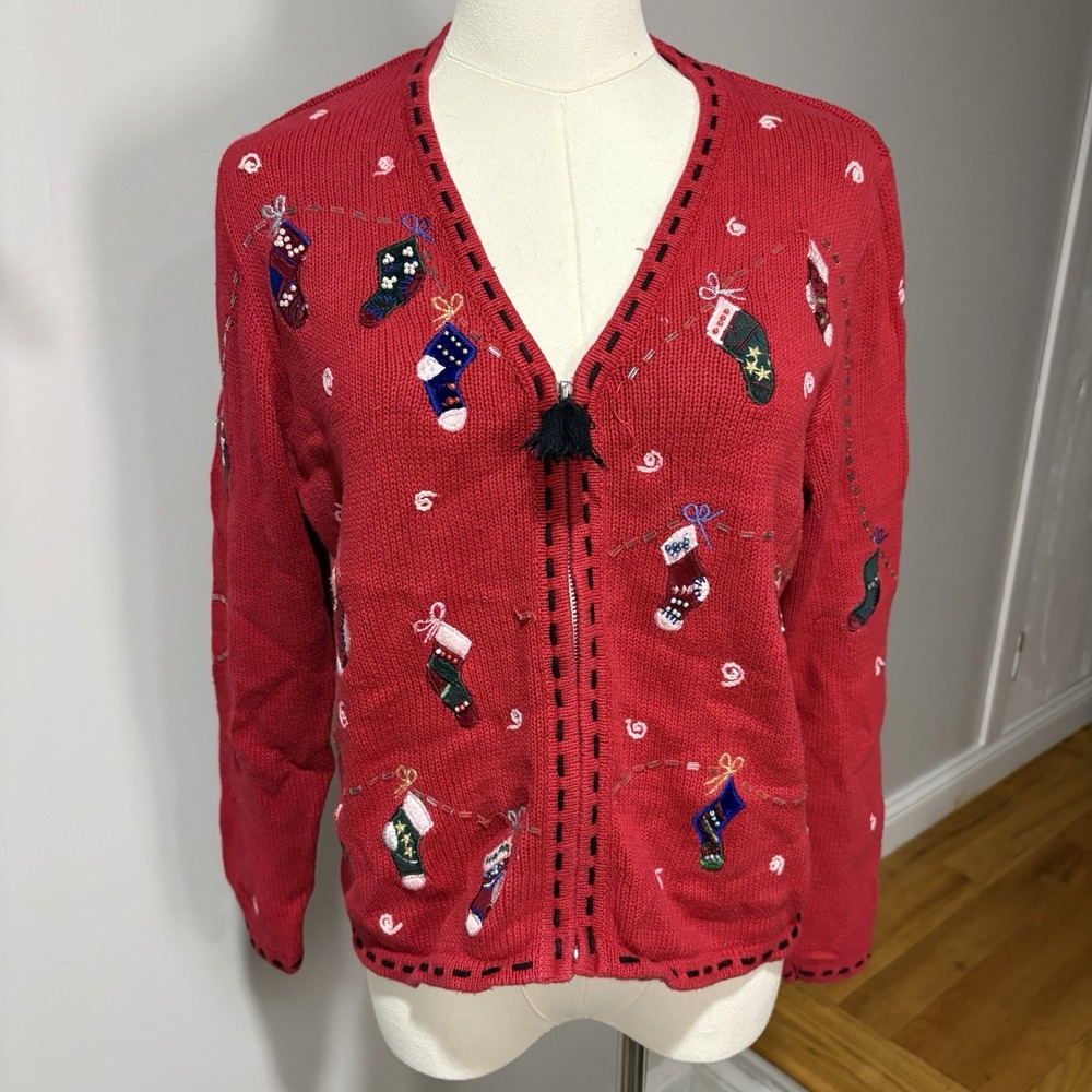 Vtg Designers Originals Red Beaded embroidered Christmas sweater Full Zip Sz s